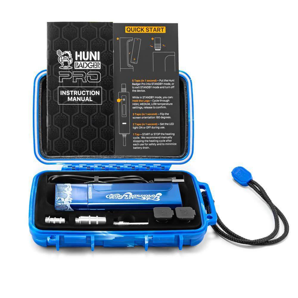 Huni Badger Pro portable device kit with instruction manual and accessories in blue case.