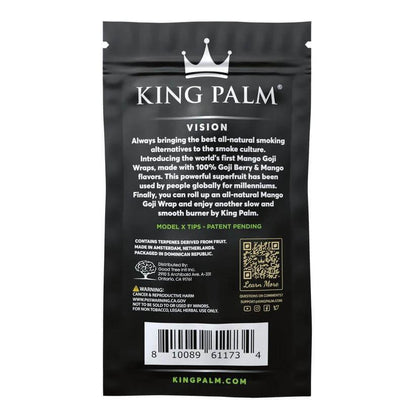 King Palm Vision packaging featuring mango goji wraps and Model X tips, promoting all-natural smoking alternatives.