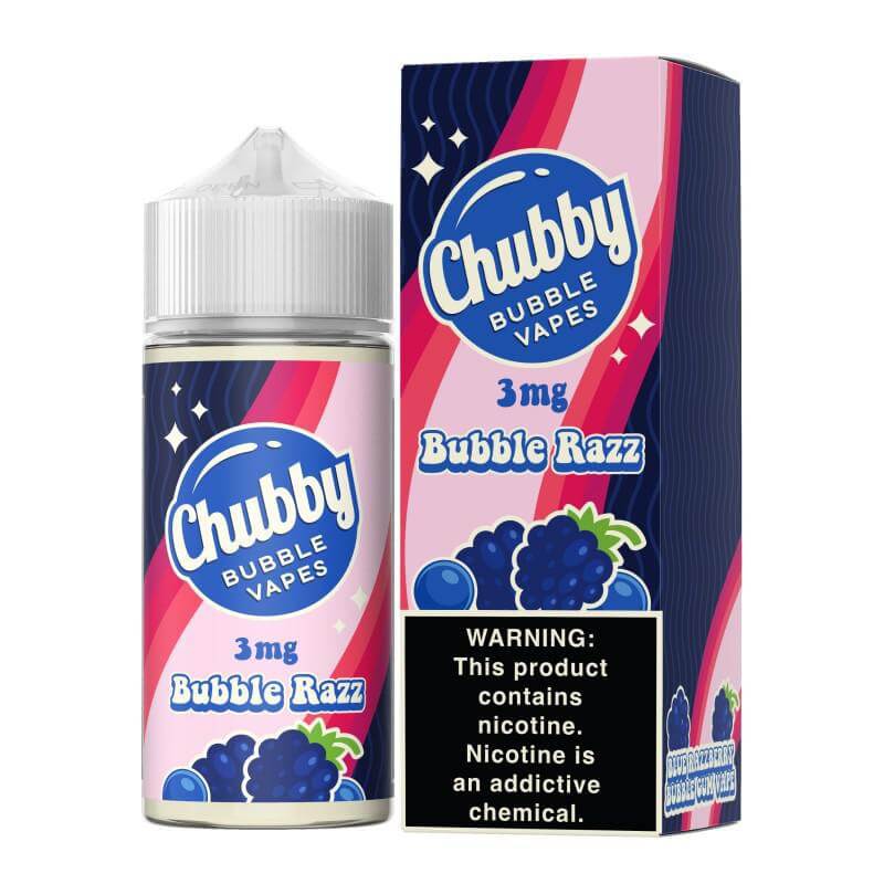 Chubby Bubble Vapes 100ml Bubble Razz vape juice bottle with pink packaging and nicotine warning label.