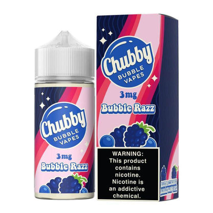 Chubby Bubble Vapes 100ml Bubble Razz vape juice bottle with pink packaging and nicotine warning label.