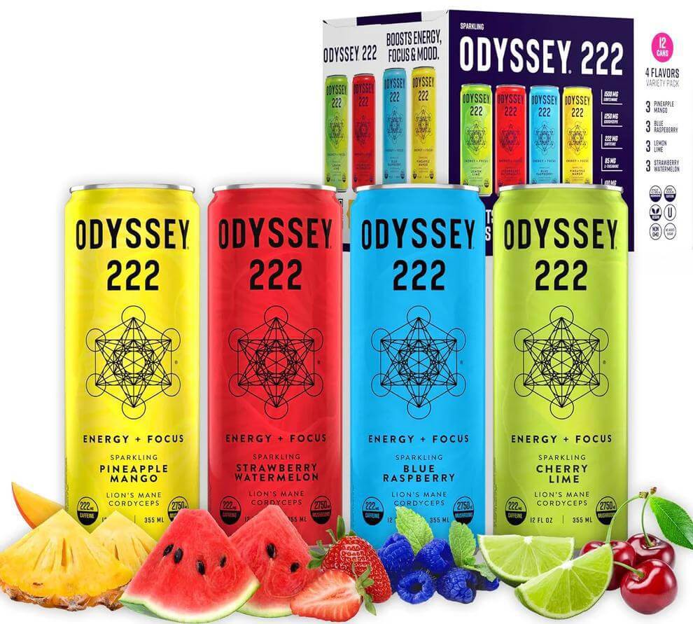 Odyssey Elixir Cans in Pineapple Mango, Strawberry Watermelon, Blue Raspberry, Cherry Lime with fresh fruits.