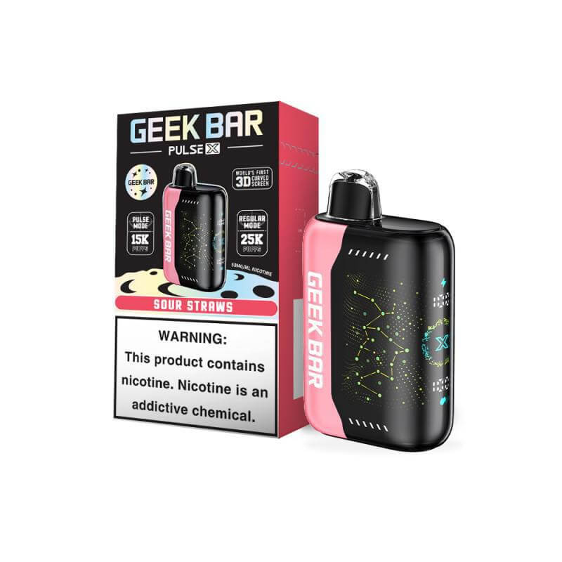 Geek Bar Pulse X disposable vape with Sour Straws flavor, featuring 25k puffs and nicotine warning on packaging.