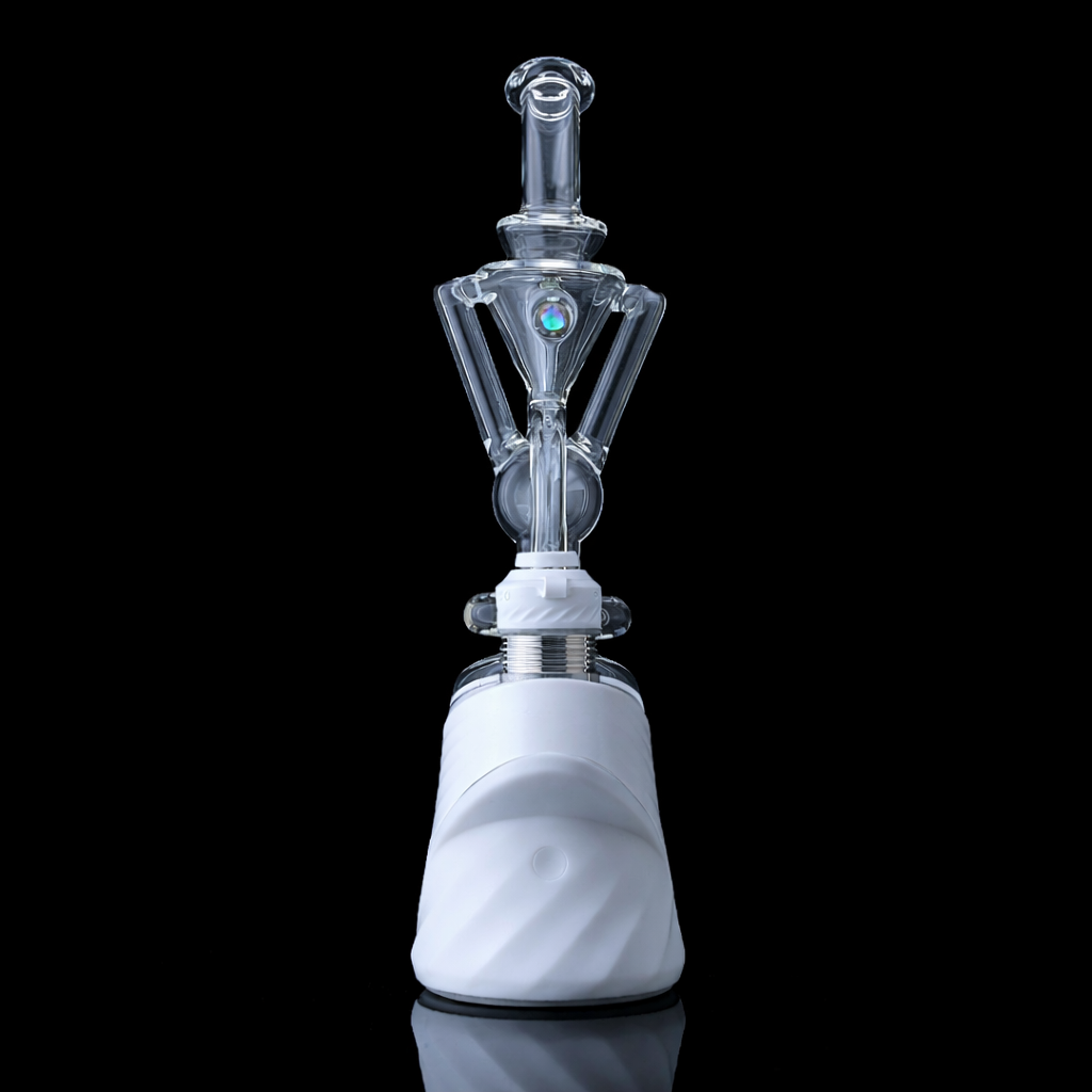 Iridescent Glass Puffco Peak Glass Attachment -Superior Ballcycler displayed on a black background.
