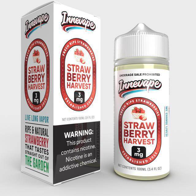 Innevape Strawberry Harvest 100ml e-liquid with ripe strawberry flavor, 3mg nicotine, and vibrant packaging.