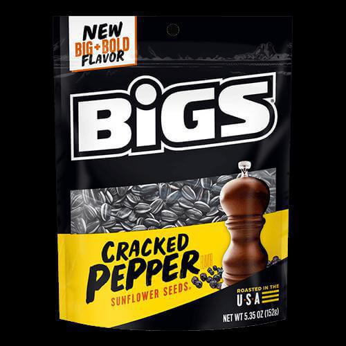 Bigs Cracked Pepper Sunflower Seeds 5.35 oz package, featuring bold flavor and resealable design for fresh snacking.