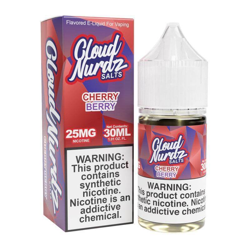 Cloud NURDZ Cherry Berry 30ml salt nicotine e-liquid with 25MG for vaping satisfaction.