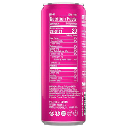 Nutrition facts for Odyssey Mushroom Elixir Core Sparkling Energy Drink in pink can with 10% juice.