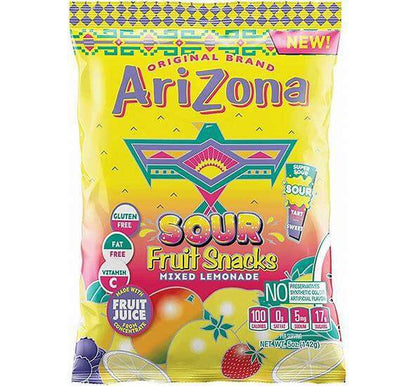 Arizona Sour Fruit Snacks pack featuring mixed lemonade flavor, gluten-free, and fat-free, with fruit juice.