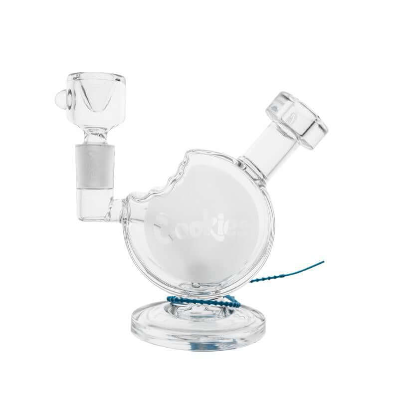 Clear borosilicate glass Cookie Bite Bubbler pipe with iconic bite design for smooth smoking.