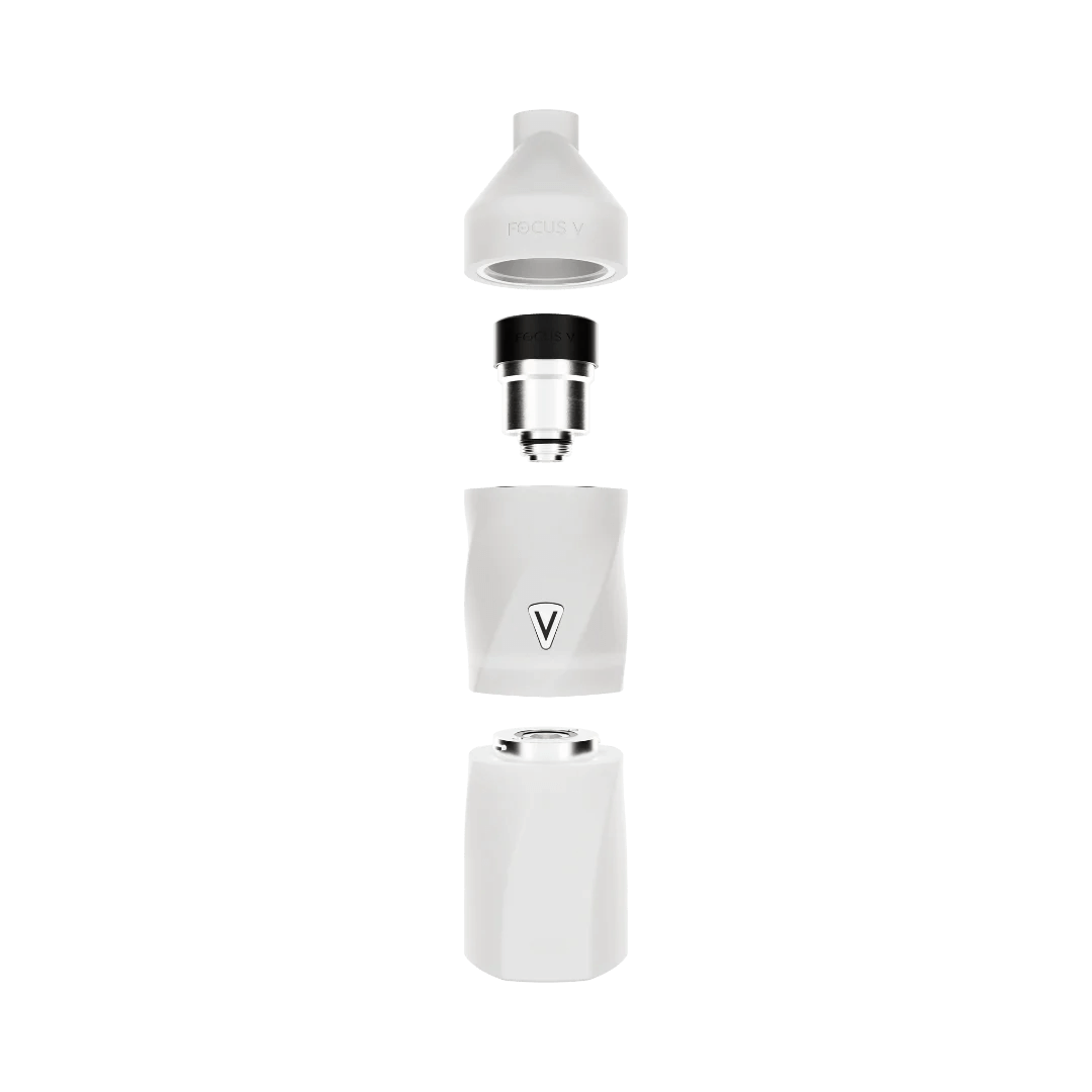 Exploded view of Focus V Aeris vaporizer components in sleek white design.