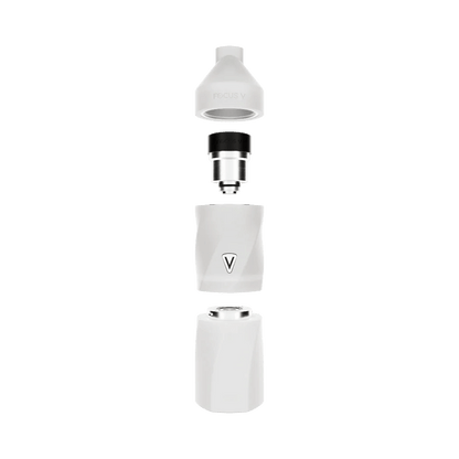 Exploded view of Focus V Aeris vaporizer components in sleek white design.