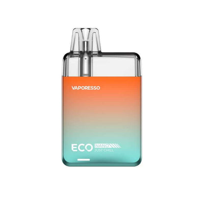 Vaporesso Eco Nano pod system in orange and teal, 6mL capacity, eco-friendly and refillable.