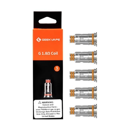 GeekVape G Series 1.8Ω Coils pack showcasing 5 coils designed for optimal flavor and airflow in pod systems.