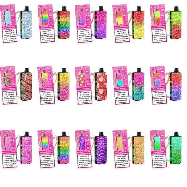 Baddie Bar 15k Disposable Vape collection with colorful designs and packaging, featuring bold flavors and warning labels.