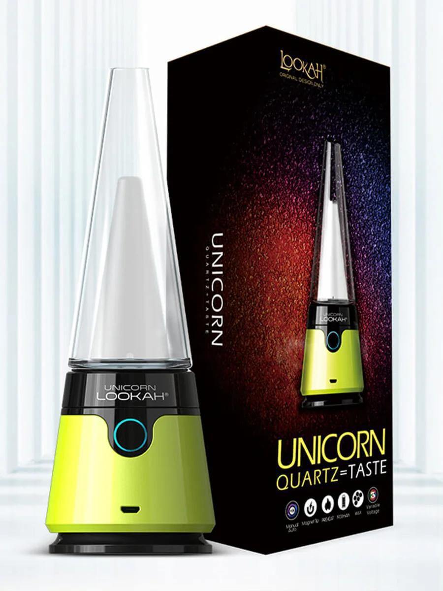 LOOKAH Unicorn 2.0 Portable E-Rig with quartz coil, featuring stylish design and vibrant packaging for dabbing.