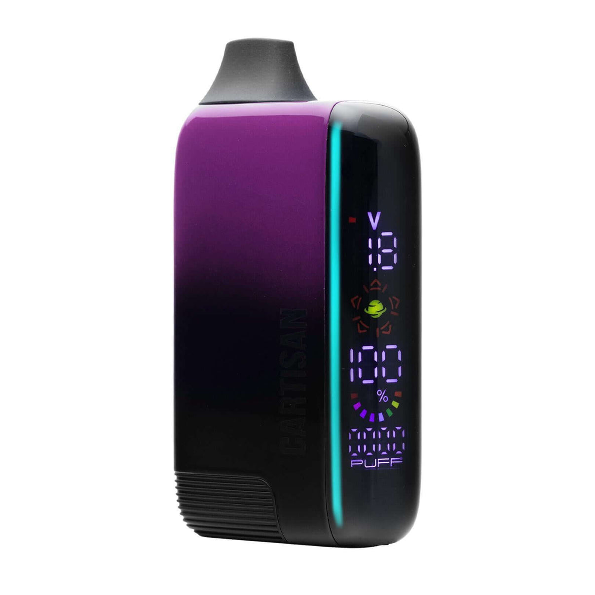 Veil Bar Pro EVO vaporizer in purple, featuring a digital tube screen with adjustable voltage and battery indicators.