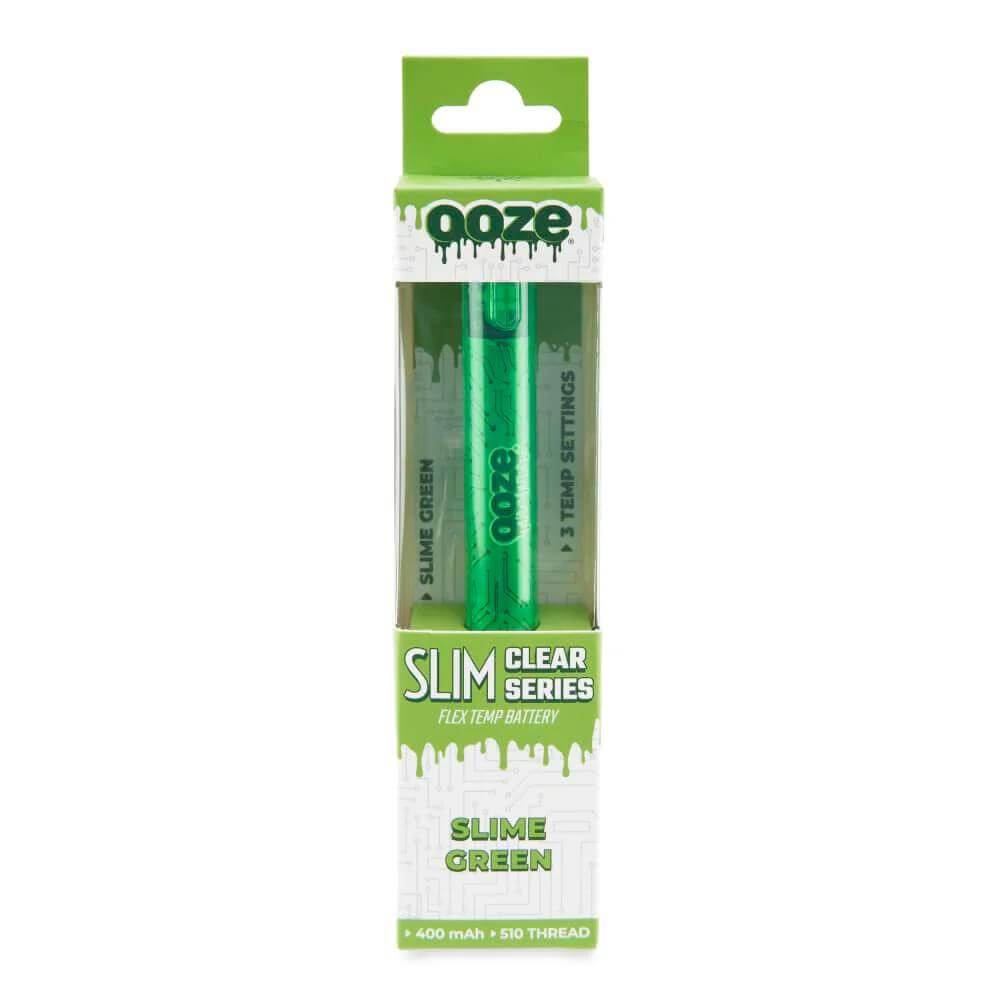 Ooze Slim Clear Series Transparent 510 Cart Battery in Slime Green packaging, showcasing retro design and advanced features.