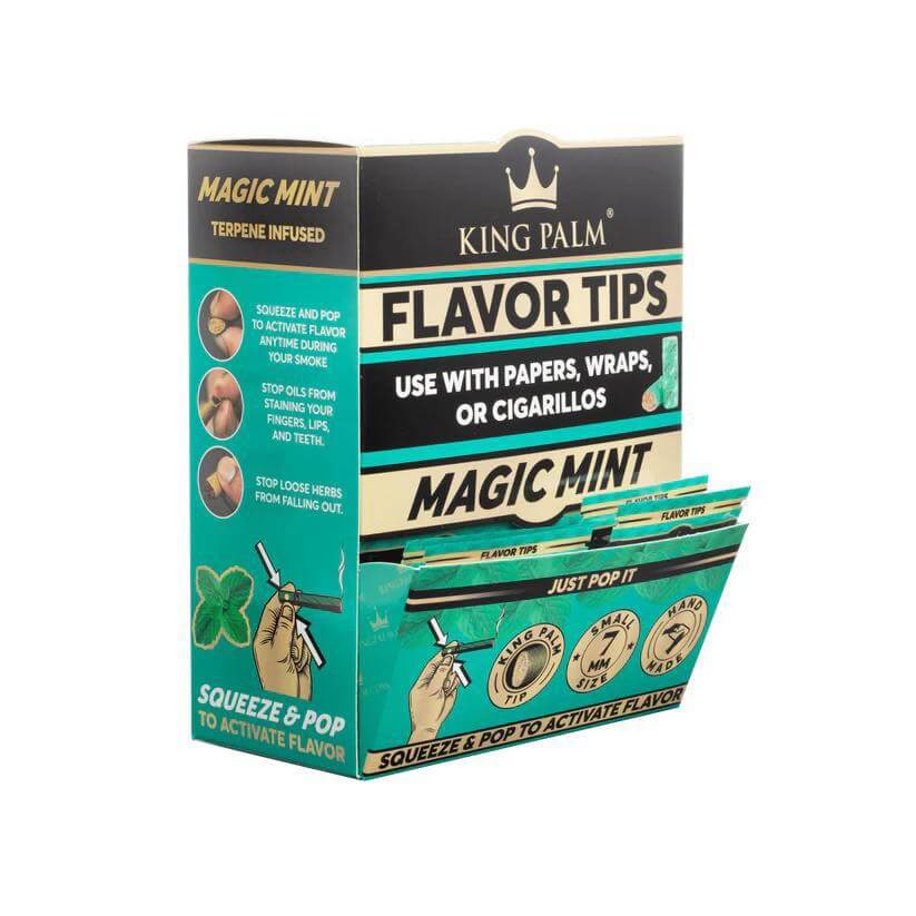 King Palm Magic Mint Flavor Tips box, terpene infused, enhances smoking experience with aromatic flavor.