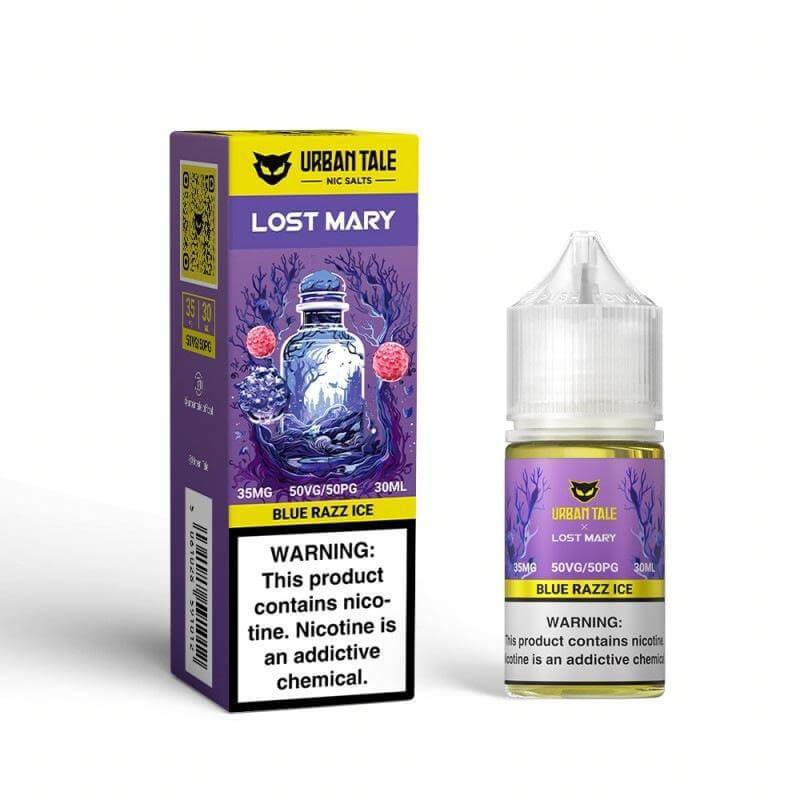 Urban Tale Lost Mary Salt Nic e-liquid bottle and box showcasing Blue Razz Ice flavor and nicotine warning.