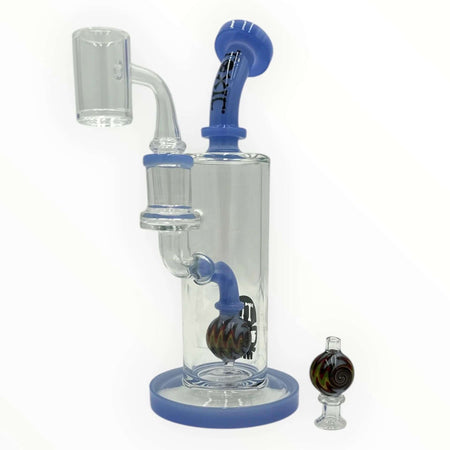 Toxic Glass Wig Wag Reactor Rig TX22 in clear glass with blue accents, featuring wig wag percolator and carb cap.