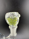Flat Face Bowl Piece 14mm in transparent glass with green spiral design, enhancing style and function for water pipes.