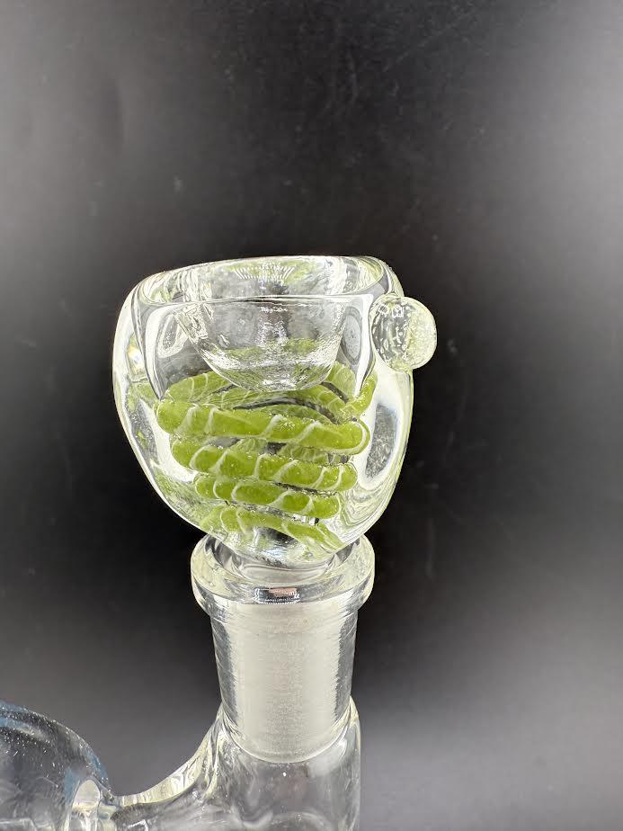 Flat Face Bowl Piece 14mm in transparent glass with green spiral design, enhancing style and function for water pipes.