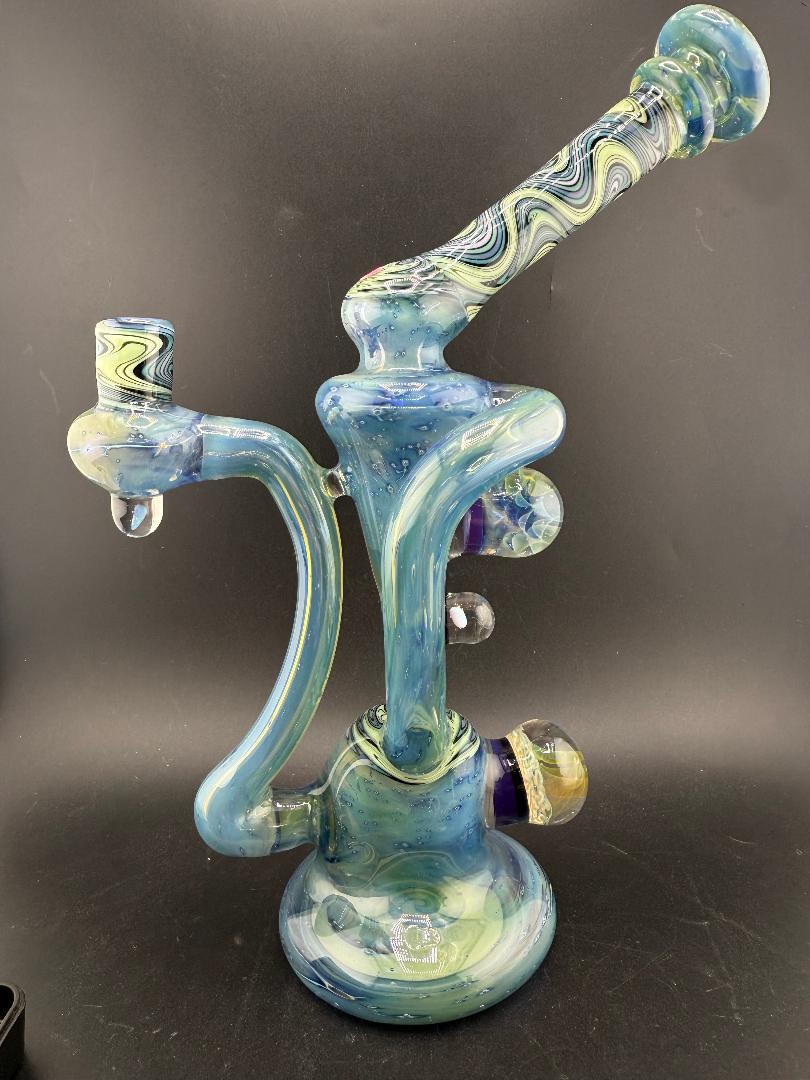 Highgrade Glass  Recycler - Green / Teal Fully Worked with Line Worked Wig Wag Sections & Marble Attachments 10mm 90°