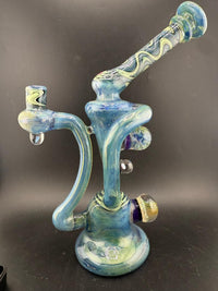 Highgrade Glass  Recycler - Green / Teal Fully Worked with Line Worked Wig Wag Sections & Marble Attachments 10mm 90°