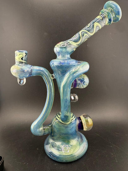 Highgrade Glass  Recycler - Green / Teal Fully Worked with Line Worked Wig Wag Sections & Marble Attachments 10mm 90°