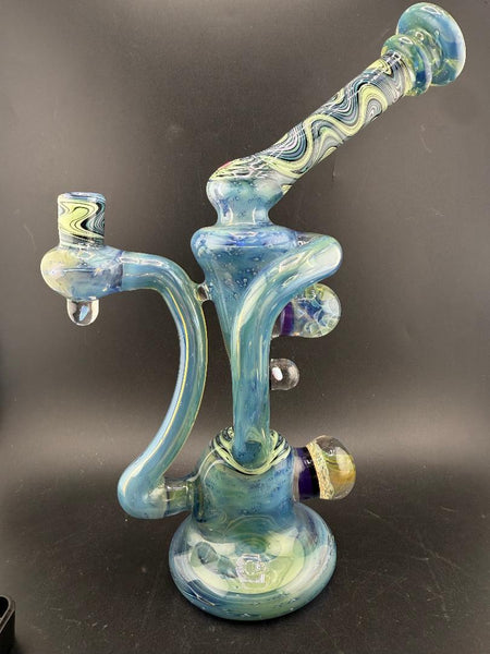 Highgrade Glass  Recycler - Green / Teal Fully Worked with Line Worked Wig Wag Sections & Marble Attachments 10mm 90°