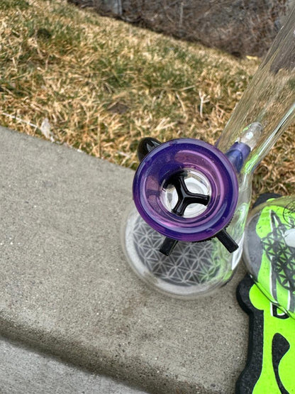 HighGrade Glass Flower Beaker - Simple Color Accent w/ Sacred Geometry Bake On, Marble Attachment and 4 Hole Slide