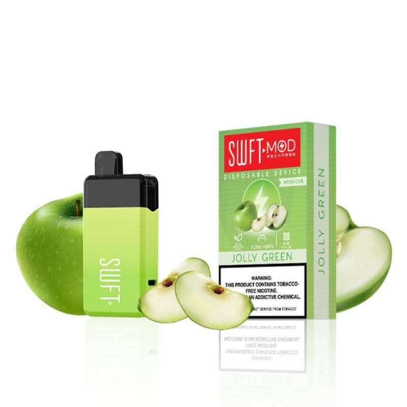 SWFT Mod 5k Disposable vape in Jolly Green flavor with green apples and box packaging, offering 5000 puffs.