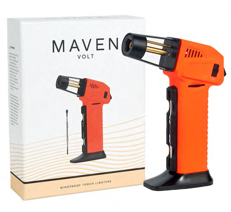 Maven Volt Butane Torch in orange packaging, featuring adjustable jet flame and windproof design.