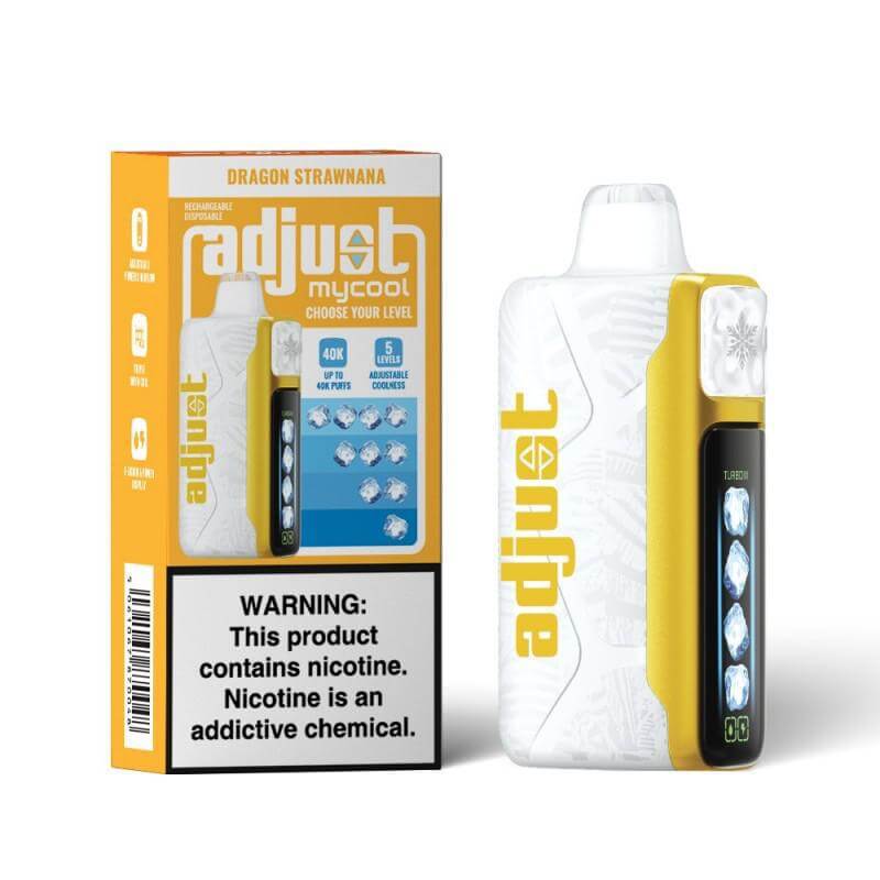 Adjust MyCool Disposable Nicotine Vape in Dragon Strawnana flavor with customizable settings and warning label.