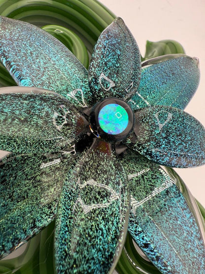 Close-up of Filla John Spring 2025 Organic Bloom Dichroic Pipe featuring vibrant dichroic flower and opal accent.