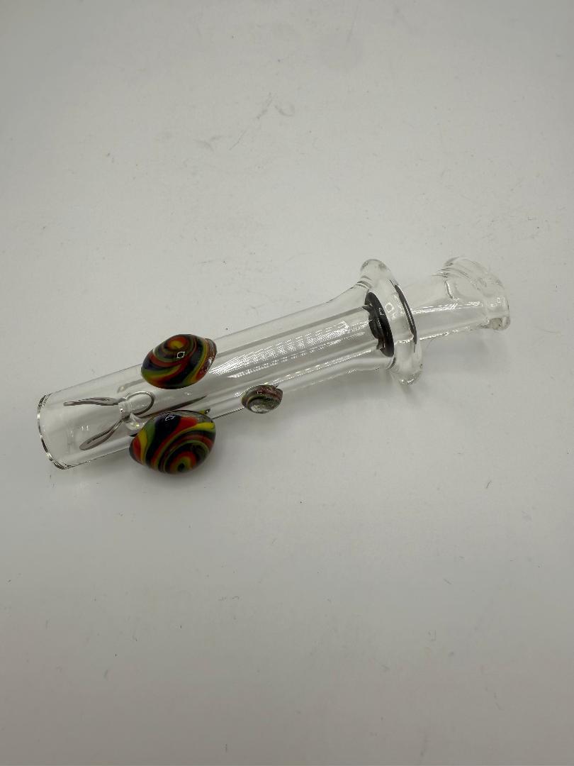 Home blown glass color accented slider pipe, handcrafted borosilicate glass with vibrant accents, ideal for daily smokers.