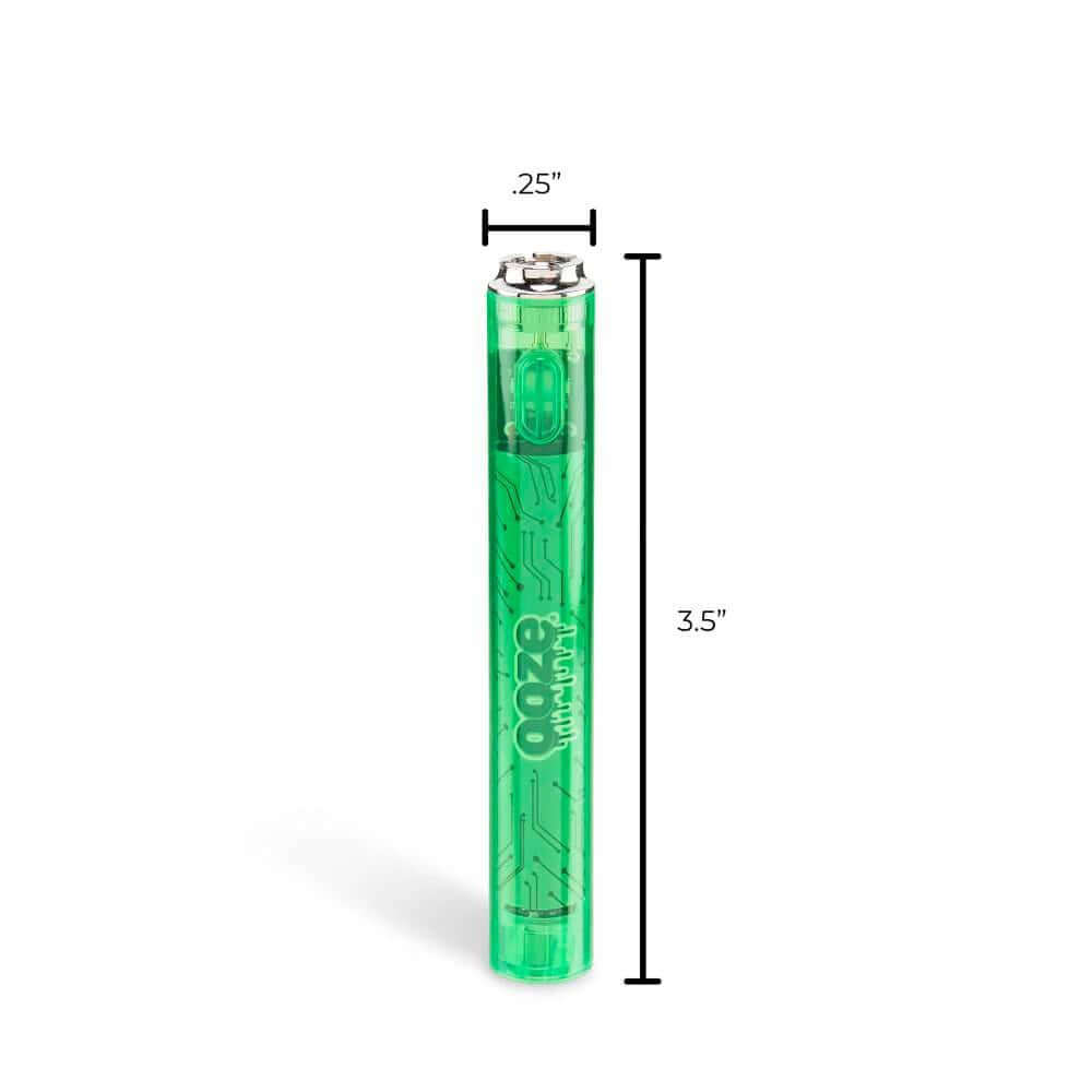 Ooze Slim Clear Series 510 Cart Battery in vibrant green with retro design, measuring 3.5 inches tall and 0.25 inches wide.