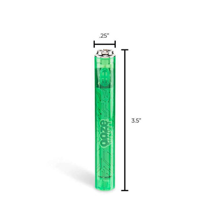 Ooze Slim Clear Series 510 Cart Battery in vibrant green with retro design, measuring 3.5 inches tall and 0.25 inches wide.