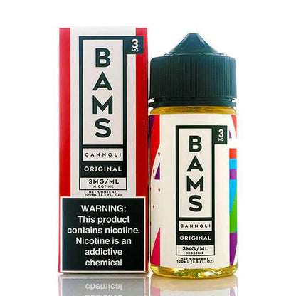 Bams Cannoli 100ml e-liquid bottle and packaging, featuring sweet cannoli flavor, 3mg/ml nicotine content.