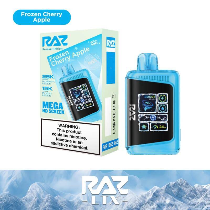 Raz 25 Disposable Vape in Frozen Cherry Apple flavor with a Mega HD screen and vibrant packaging.