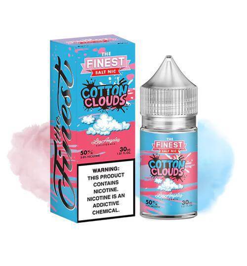 30ml The Finest Salt Nic Cotton Clouds vape juice bottle with colorful packaging, featuring a warning about nicotine.