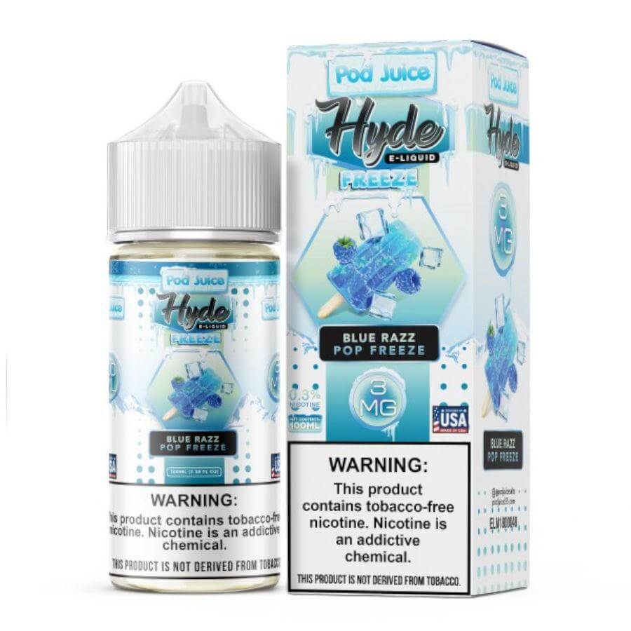 Pod Juice Hyde 100ml vape juice featuring Blue Razz Pop Freeze flavor in a stylish bottle and packaging.