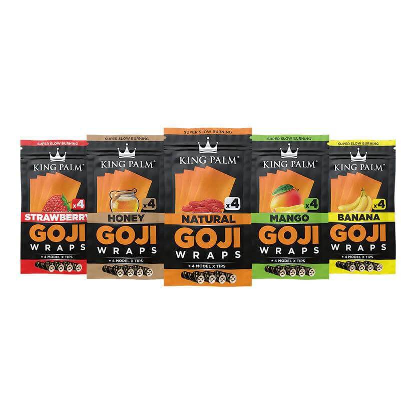 King Palm Goji Wraps assortment with flavors: Strawberry, Honey, Natural, Mango, and Banana in vibrant packaging.