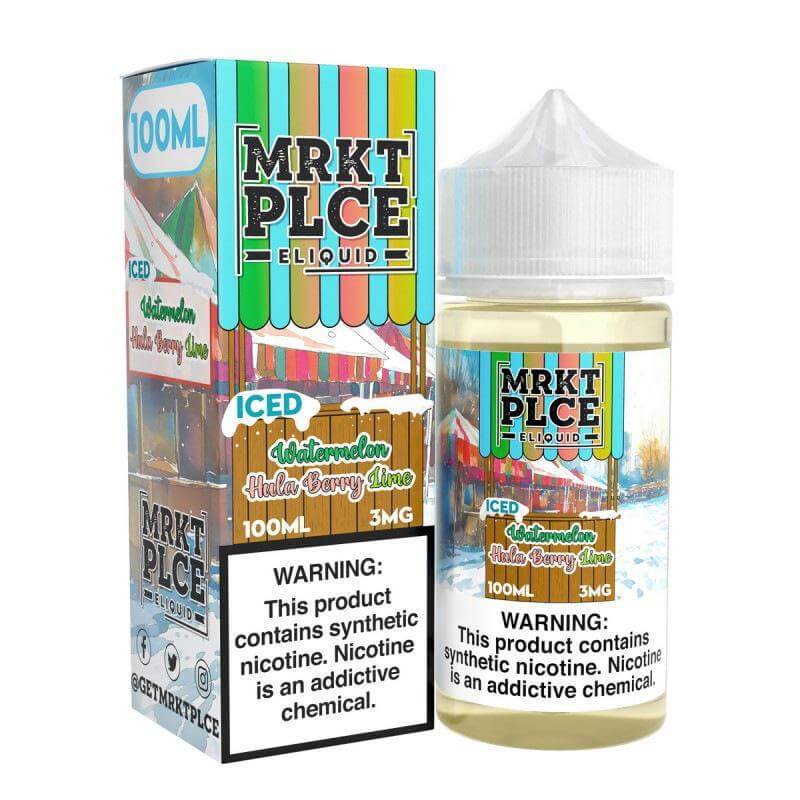 MRKT Place Ice 100ml eJuice bottle with colorful packaging, featuring menthol and berry flavors for vapers.