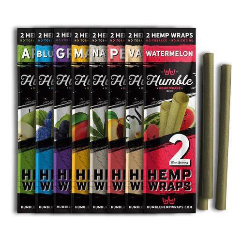 Humble Hemp Wraps 2pc flavors including Grape, Watermelon, Peach, Mango, Apple, and more, crafted from organic hemp.