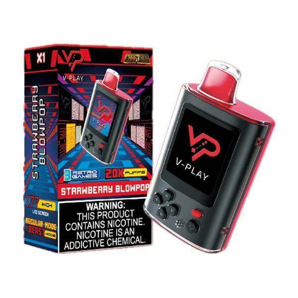 V Play Retro 20k Disposable Vape with Strawberry Blowpop flavor and retro gaming design.