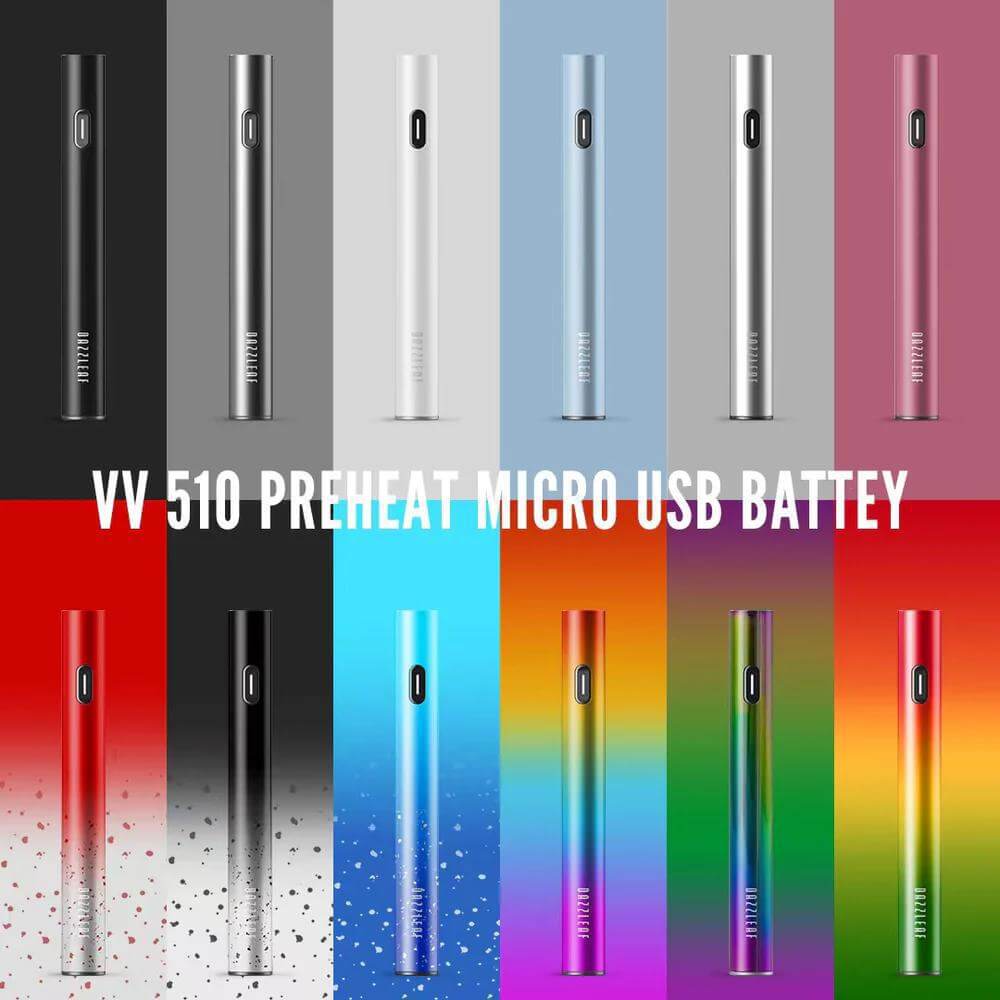 Collection of colorful VV 510 Preheat Micro USB batteries for 510 thread cartridges, featuring sleek designs and portability.
