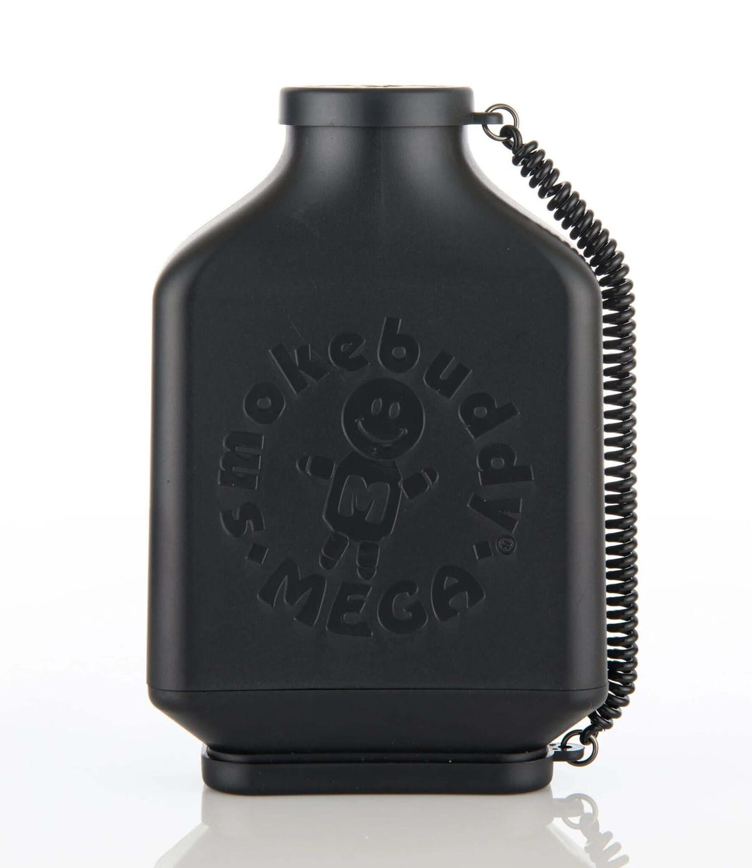 Smokebuddy Mega personal air filter in black, featuring Mr. MegaBuddy keychain for enhanced portability and use.