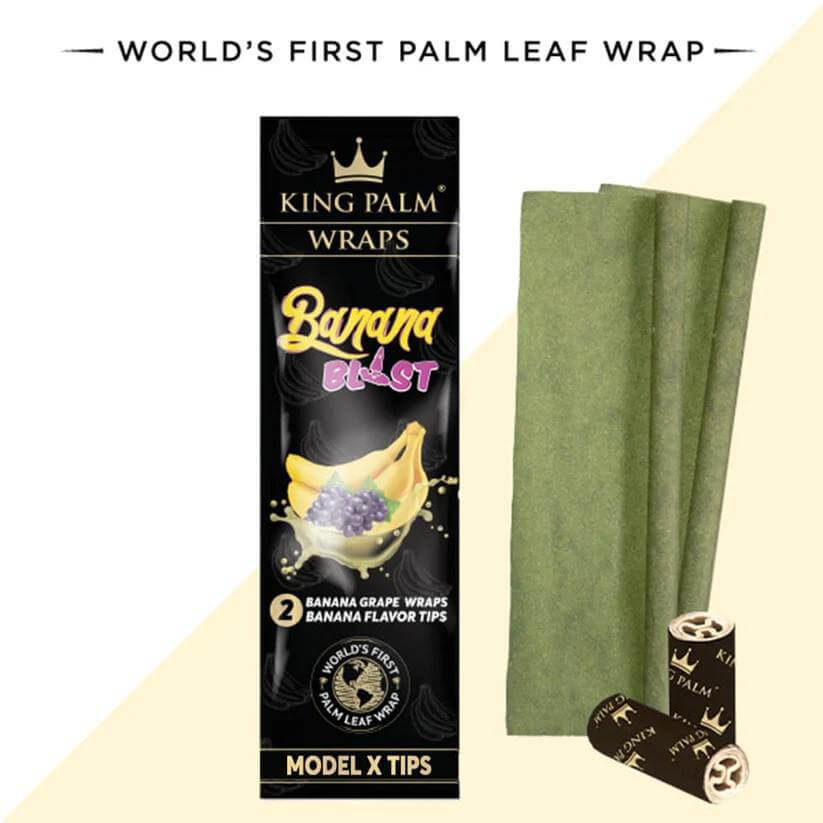 King Palm Banana Grape blunt wraps with Model X tips in packaging, world's first palm leaf wrap.