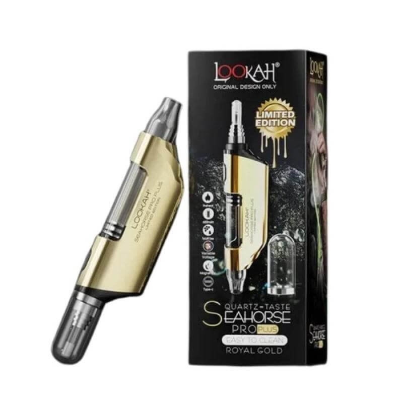 LOOKAH Seahorse Pro Plus dab pen in royal gold with limited edition packaging, ideal electric nectar collector for wax.